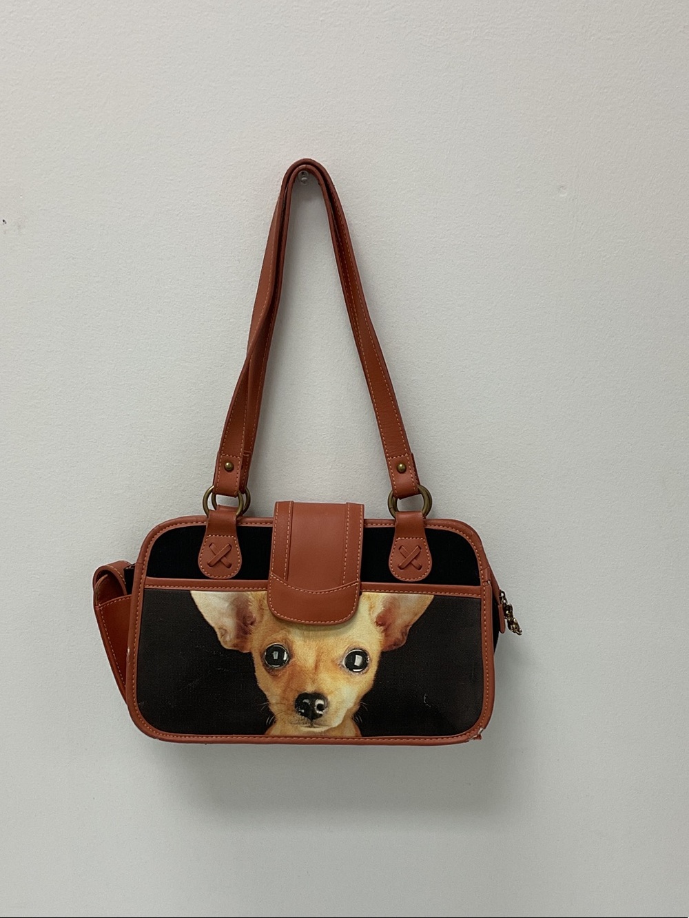 Brown Leather-Trim Chihuahua Print Shoulder Bag